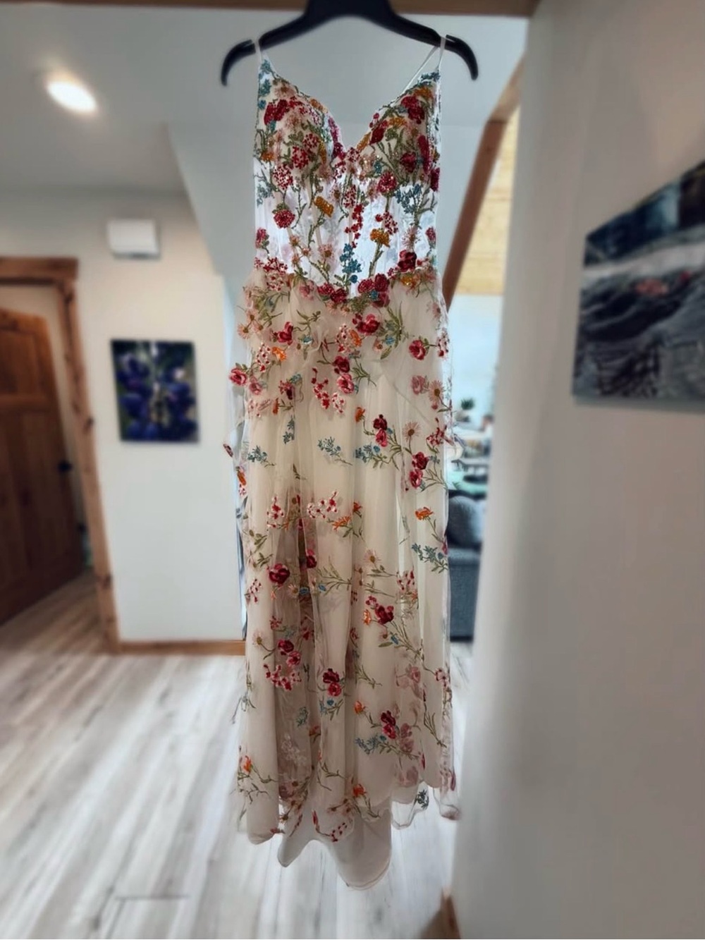 White Strapless Floral Embroidered Evening Gown - Picture 5 of 5